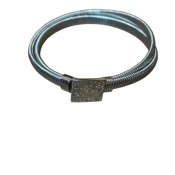 Anne Klein Vintage 90s Silver Stretch Skinny Belt Lion Logo - Picture 1 of 4